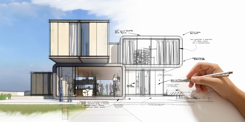 3d,Rendering,Of,The,Architecture,Creative,Process,,From,Hand,Drafting Mimarlik tasarım süreci ve çizimler