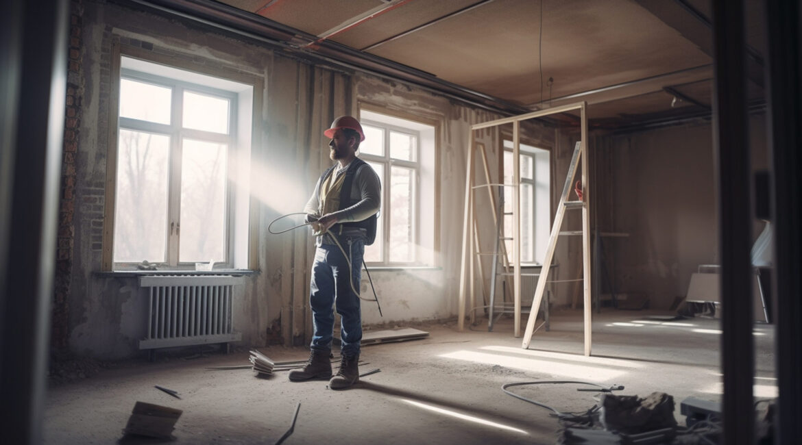 Portrait of a male worker in a hard hat with a drill.generative - Maydek İnşaat İzmir